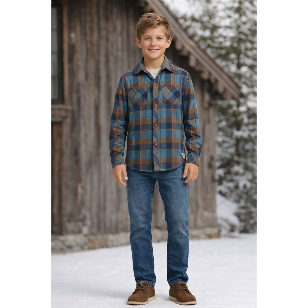 WEATHERPROOF‎ Vintage Kids Boys Plaid Flannel Shirt 10-12 Blue Brown 100% Cotton
